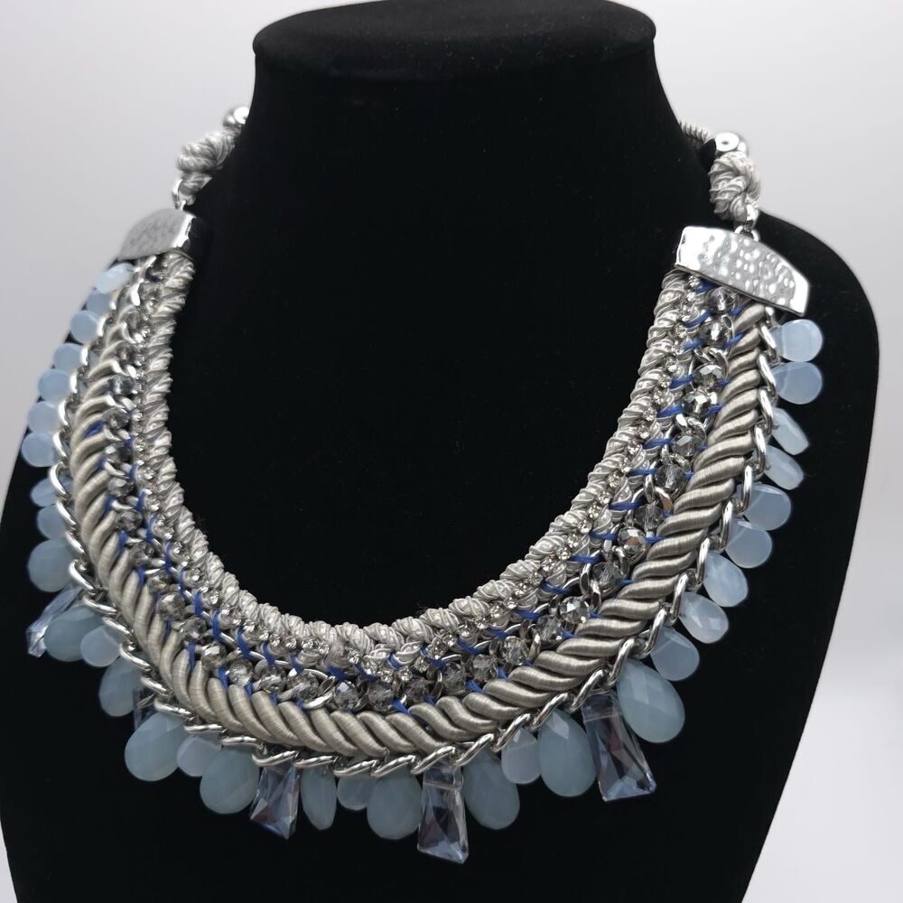 VINTAGE CHICO'S Crystal Blue Beaded Fabric Silver Tone Metal BIB Necklace